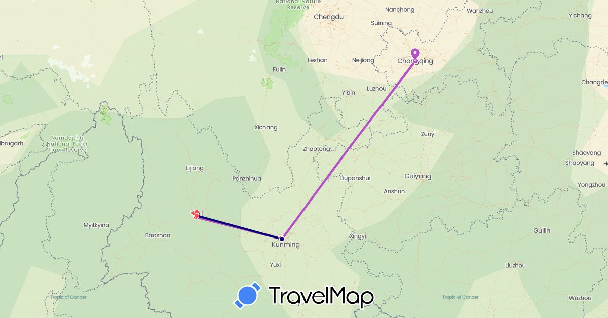 TravelMap itinerary: driving, train, hiking in China (Asia)